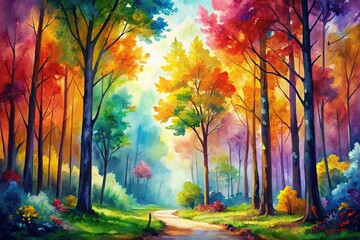 Vibrant watercolor painting of a forest with bright colors , forest, watercolor, bright, beautiful, trees, green, sky, blue, sun