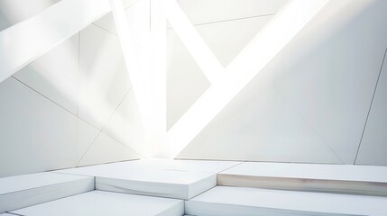 Aufkleber - White abstract geometric background as stage with crossed lines corners and polygon shapes as wall wood table in soft light gradient white color in calm contemporary minimalist urban s : Generative AI