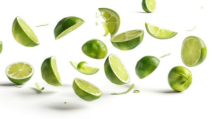 Wall Mural - Green lime flying with sliced pieces and shadow on a white background