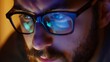 © Generative AI - Computer screen light reflect from glasses Close up of eyes Business man coder or programmer working late at night with laptop Thoughtful focused guy in dark Reflection of monitor : Generative AI