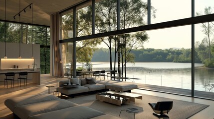 Poster - A minimalist interior with floor-to-ceiling windows overlooking a tranquil lake, emphasizing modern living