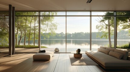 Poster - A minimalist interior with floor-to-ceiling windows overlooking a tranquil lake, emphasizing modern living