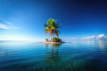 Wall Mural - Small island with a single palm tree in the middle of calm sea, under a clear blue sky, reflecting peace and tranquility