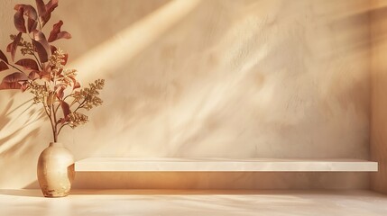Aufkleber - Empty shelf on a beige textured plaster wall background with aesthetic floral sun light shadows product stand or podium design template for business branding advertisement mockup with  : Generative AI