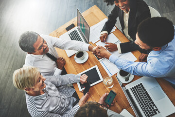 Poster - Company, meeting and laptop for people, handshake and research for startup, online and top view of team. Collaboration, discussion and internet for report in boardroom, auditor and phone for planning