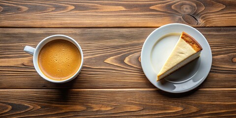 Top view of a cup of espresso and plate with cheesecake on wooden table, espresso, cup, coffee, plate, cheesecake, dessert, wooden