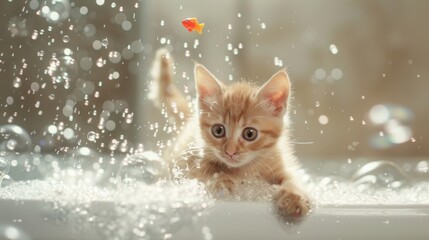 Poster - A playful kitten chasing after floating toy fish in a bathtub filled with bubbles