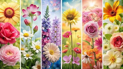 Wall Mural - A beautiful floral polyptych featuring different flowers in each panel , polyptych, floral, flowers, botanical, art, arrangement