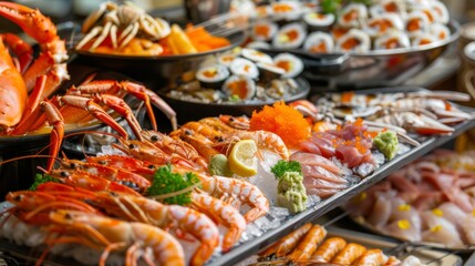 Canvas Print - A seafood buffet with a variety of grilled fish, shrimp cocktail, sushi, and crab legs