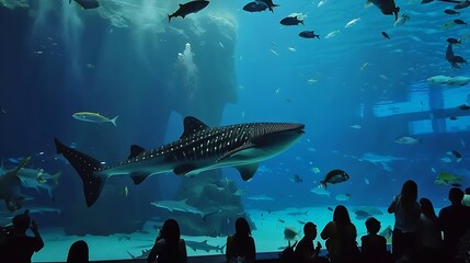 Sticker - Okinawa Aquarium 4K with Beautiful Whale sharks and various kinds of fish swimming in the main tank Silhouettes of People observing fish at the aquarium Location Okinawa Churaumi Aquar : Generative AI