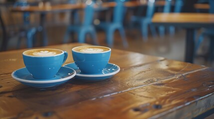 Aufkleber - Closeup image of two blue cups of hot latte coffee and Americano coffee on vintage wooden table in cafe : Generative AI