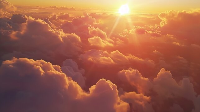 Beautiful sunset sky above clouds with dramatic light Cabin view from airplane : Generative AI