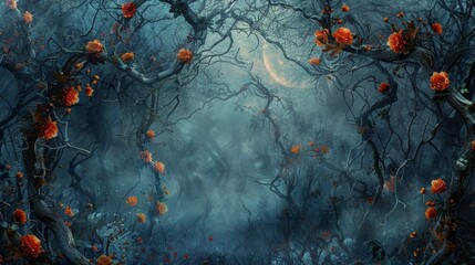 Wall Mural - moonlit garden with marigold-adorned vines and rising mist ethereal scene backdrop