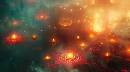 Wall Mural - Diwali dreamscape with light orbs mist and rangoli silhouettes backdrop