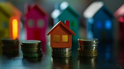 Poster - Miniature colorful house on stack coins using as property and financial concept : Generative AI