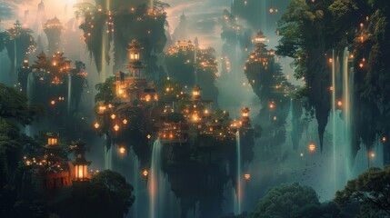 Wall Mural - Lantern-adorned floating islands with light waterfalls enchanting dreamscape backdrop