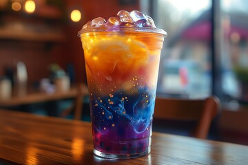 A mesmerizing galaxy boba tea with vibrant layers of purple, orange, and blue, filled with ice