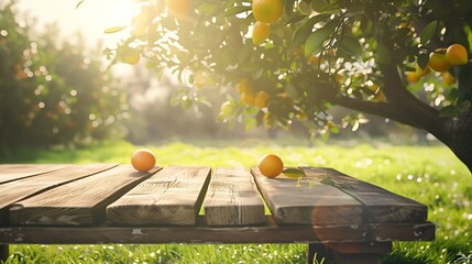 Poster - Tree Table wood Podium in farm display for food perfume and other products on nature background Table in farm with orange tree and grass Sunlight at morning : Generative AI