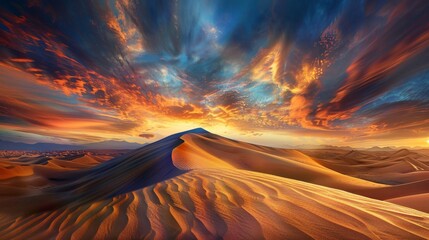 Wall Mural - Desert dunes wave under a sky ablaze with fiery sunset colors backdrop