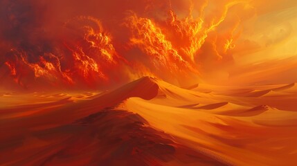 Golden dunes undulate like waves beneath a fiery desert sunset sky backdrop