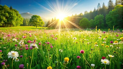 Wall Mural - Lush green meadow with blooming flowers in the sunlight, love, nature, field, grass, wildflowers, landscape, serene