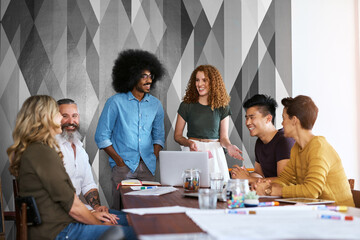 Poster - Designer, people and talking in office for discussion or vision sharing, campaign ideas and project planning. Team, creative and brainstorming for inspiration or workshop, conversation and happiness.