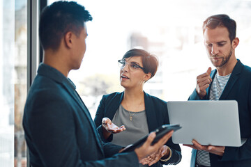 Poster - Technology, group and business people in discussion for strategy, planning or brainstorming ideas. Team, collaboration and tablet for project research, information or sales manager reading on laptop