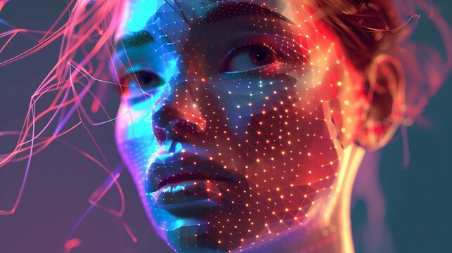 A futuristic AI virtual influencer concept showcasing a holographic avatar with a visible 3D mesh overlay, representing cutting-edge technology in digital marketing and virtual reality.
