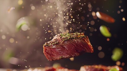 Closeup of falling tasty beef steak in kitchen super slow motion camera movement filmed on high speed cinematic camera at 1000 fps : Generative AI