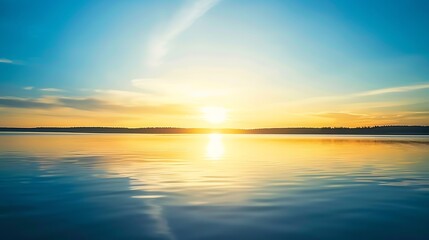 Aufkleber - sunset at coast of the lake Nature landscape Nature in northern Europe reflection blue sky and yellow sunlight landscape during sunset : Generative AI