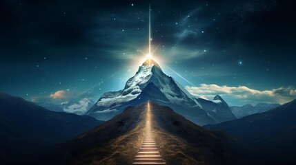 Digital mountain The path to success or business goals achievement concept.