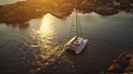 Drone shot over a catamaran arriving in the Henningsvaer village sunny evening Lofoten Norway  reverse aerial view : Generative AI