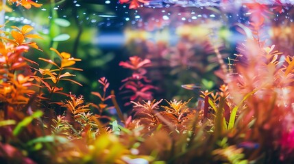 Wall Mural - Colorful planted aquarium tank Aquatic plants tank Dutch inspired aquascaping with colorful aquatic stem plants Aquarium garden selective focus with blur motion of fish swiming : Generative AI