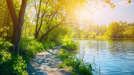 Aufkleber - Beautiful colorful summer spring natural landscape with a lake in Park surrounded by green foliage of trees in sunlight and stone path in foreground : Generative AI