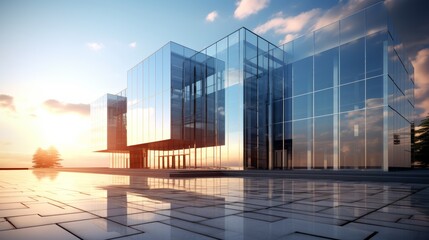 Poster - 3D render of a glass building's exterior showcasing intricate architectural details illuminated by the morning sun.