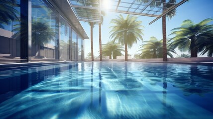 Wall Mural - luxurious glass-enclosed swimming pool surrounded by palm trees, exuding the tranquility of a tropical resort morning.