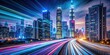 © tammanoon - Speed light trails weaving through futuristic mega city skyscrapers with neon technology background, speed