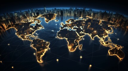 Poster - global network of cities connected by glowing lines, representing the interconnectedness of businesses worldwide.