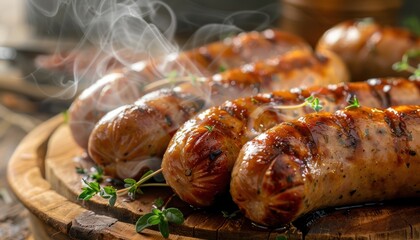 Delicious grilled sausages on a wooden board with herbs, steaming hot and ready to eat. Perfect for summer barbecue or outdoor party.