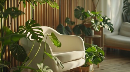 Wall Mural - Vertical shot of white comfortable chair in room with wooden planks on wall Green monstera houseplants in pots close to soft furniture in lobby Nordic style interior with hardwood floo : Generative AI