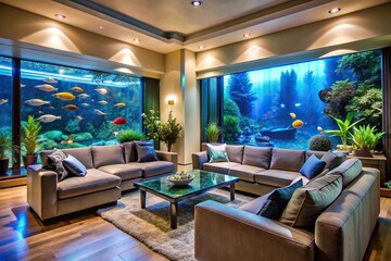 Transform your living room into an underwater oasis with aquariums and fish tanks as the main focal point