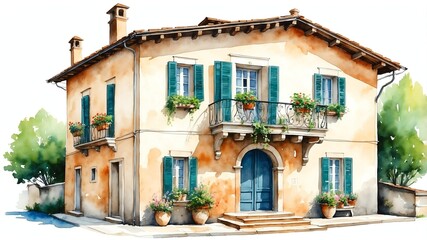 Wall Mural - traditional house in italy watercolor painting front facade exterior on plain white background art