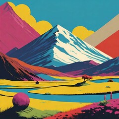 Sticker - Coloful landscape with mountains and river