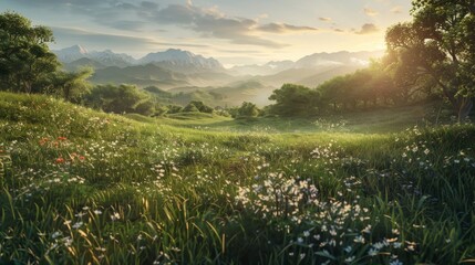 Wall Mural - Verdant meadow and distant mountains at dawn tranquil Christmas morning