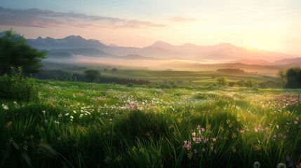 Wall Mural - Serene meadow with mountains at dawn peaceful Christmas morning