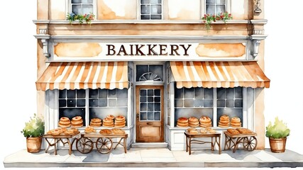 Wall Mural - bakery watercolor painting front facade exterior on plain white background art
