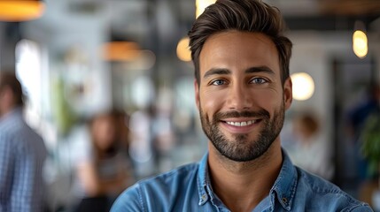 Portrait of a smiling man in a casual office setting, showcasing confidence and approachability.