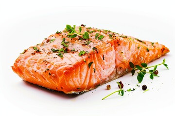 Wall Mural - A piece of roasted salmon with herbs, Very appetizing, White background