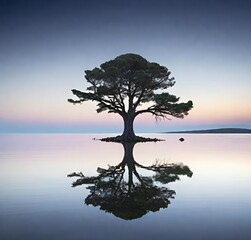 tree on the water, landscape, nature, water, lake, sun, sunrise, silhouette, trees, fog, morning, du