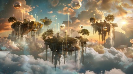 Wall Mural - Ethereal clouds and glowing orbs surround islands with waterfalls of gold backdrop